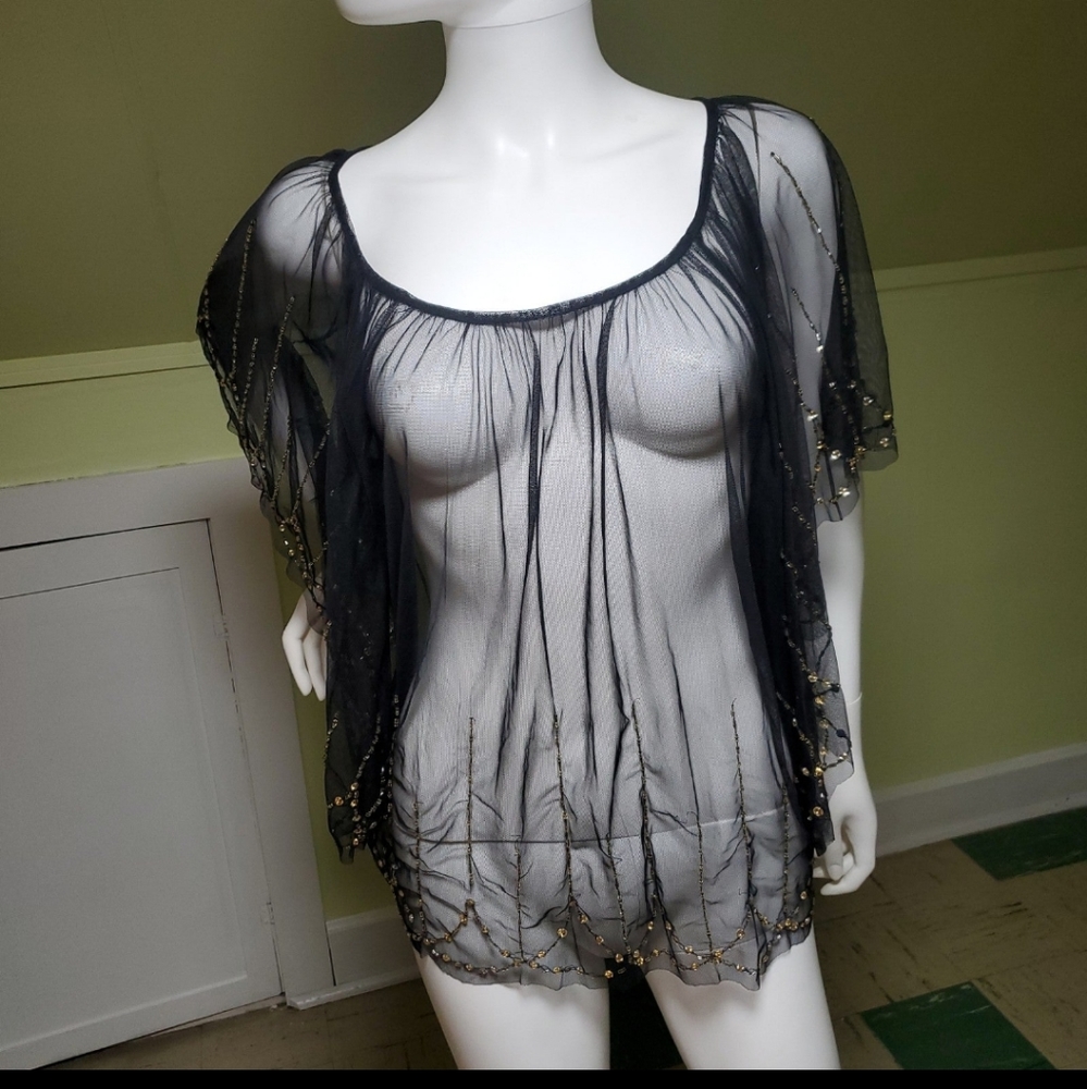 Seductive Sheer Butterfly Sleeve Beaded Top